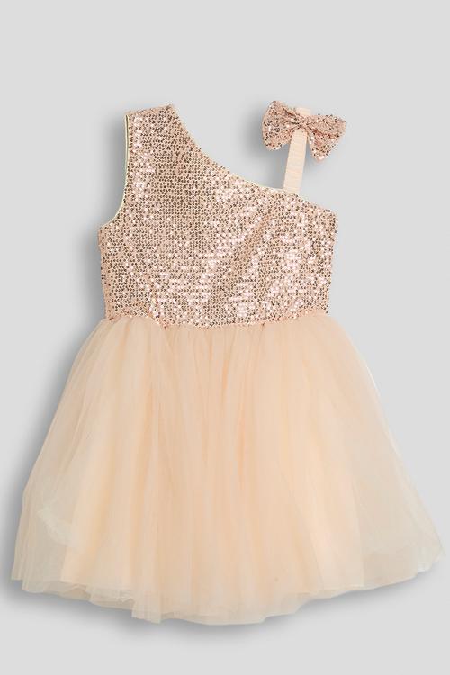 Sequinned one shoulder bodice dress - peach