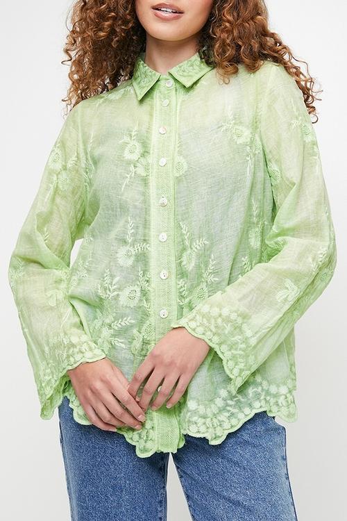 Embroidered voile blouse with scallop hem and sleeve end detail - Sage