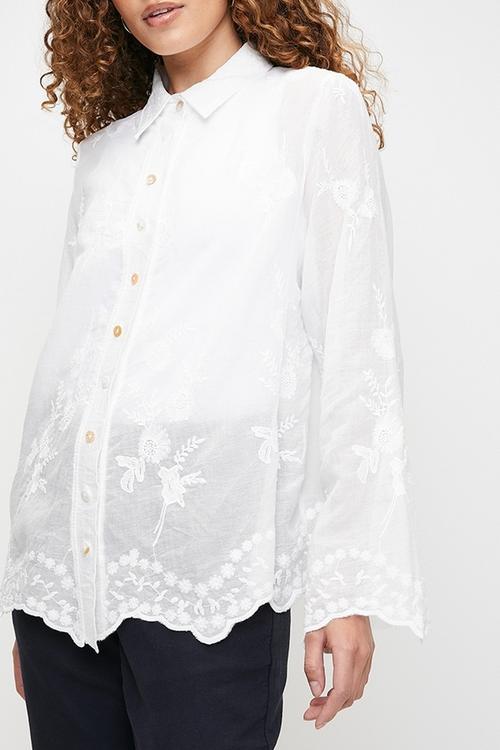 Embroidered voile blouse with scallop hem and sleeve end detail - White