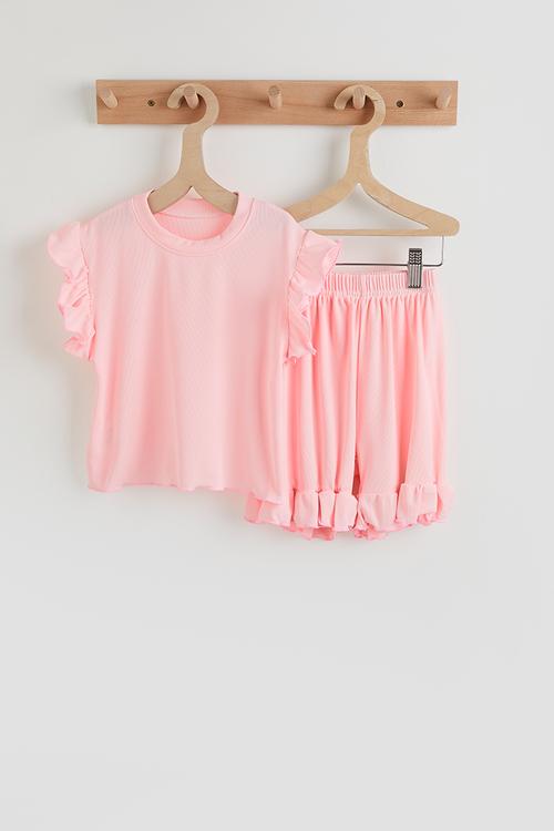 Rib ruffled tee and shorts - pink