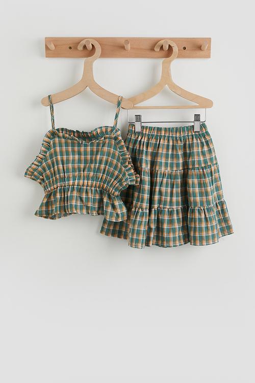 Plaid ruffle trim top and tiered skirt - blue/orange 