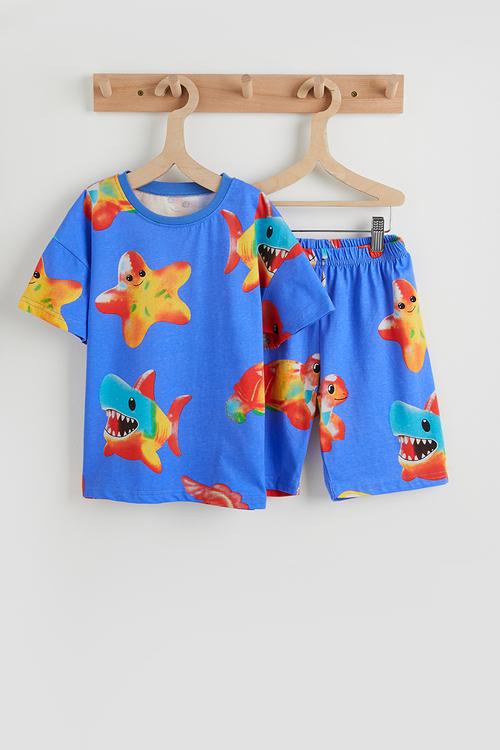 Sea life graphic tee & shorts - blue