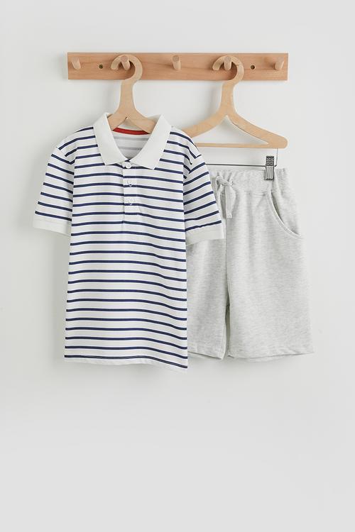 Polo shirt & sweatshorts - blue stripe / grey