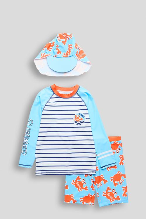 Rash vest and boardshorts and sun hat - light blue/aop