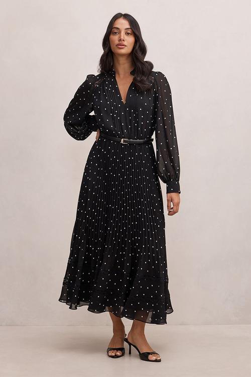 Clara pleated lace trim midi dress in dark risley spot
