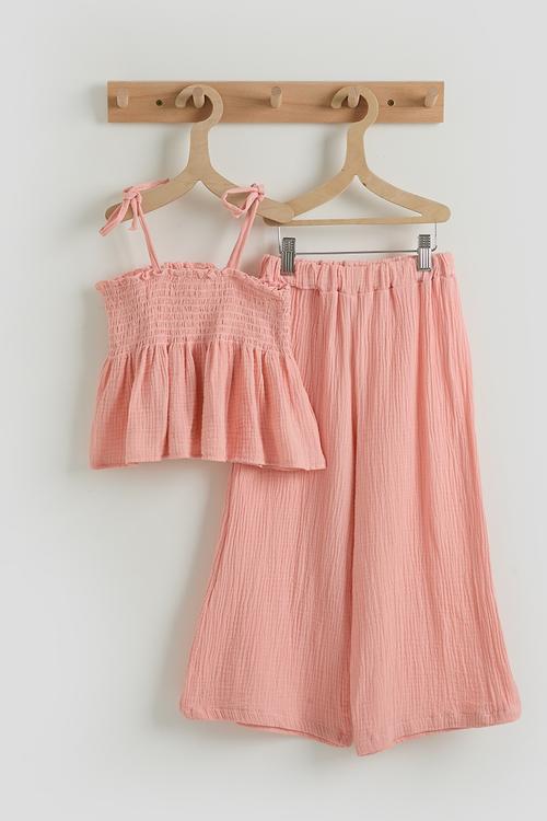 Shirred top with wide leg pants - pink