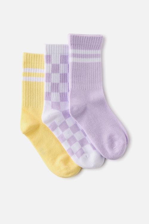 Kids 3Pk Crew Socks - Vintage Lilac/Baby Yellow/Checker