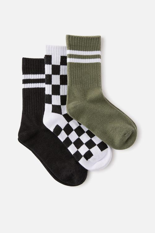 Kids 3Pk Crew Socks - Khaki Green/Rabbit Grey/Checker