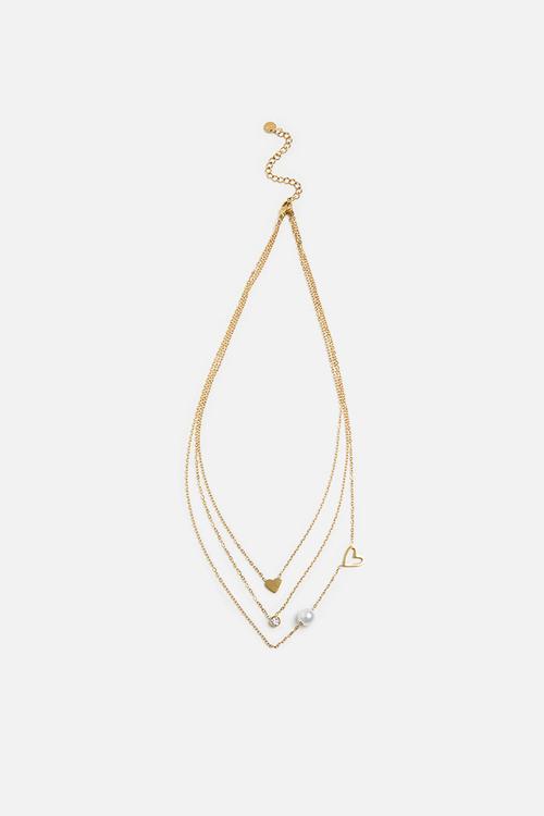 Trendy Triple-Strand Pearl And Heart Necklace - Gold