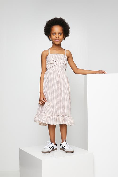 Gingham spaghetti strap ruffle hem dress - beige
