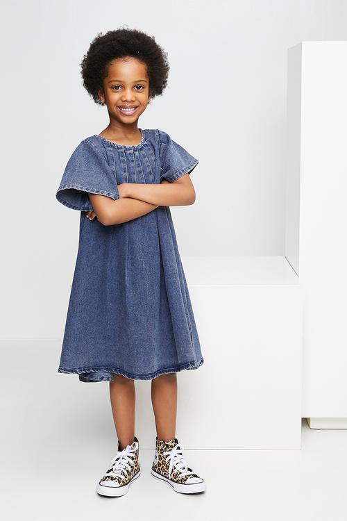 Pintuck bodice denim dress - navy