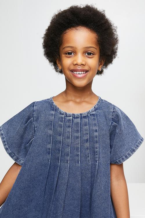 Pintuck bodice denim dress - navy