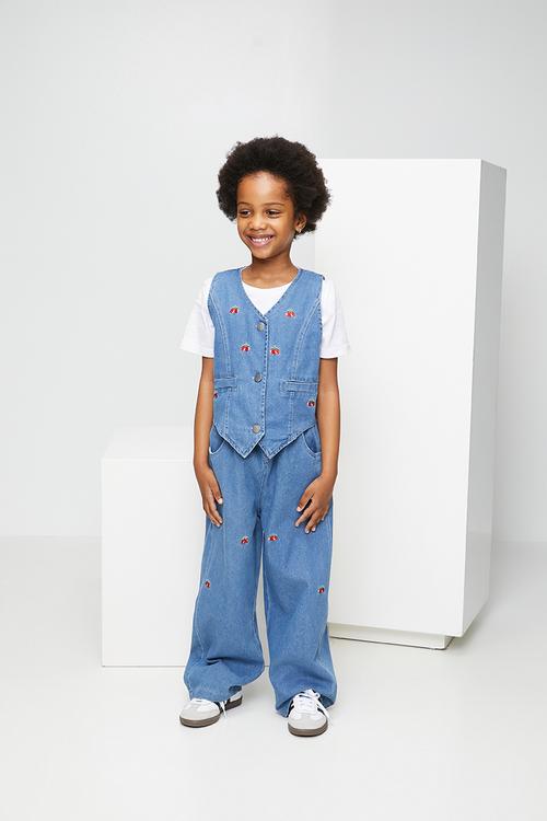 Cherry aop denim vest & jeans - blue