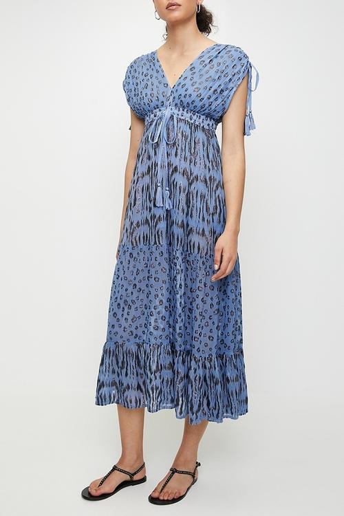 V-neck Maxi a-line Dress with ruched waist - Blue