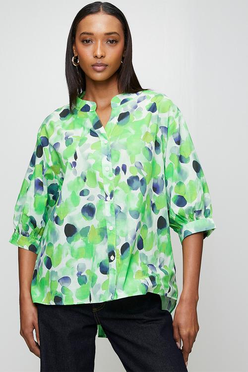 Half Sleeve Batwing Easy Wearing Printed Sheer Blouse With Back Button Stand Detail - Green