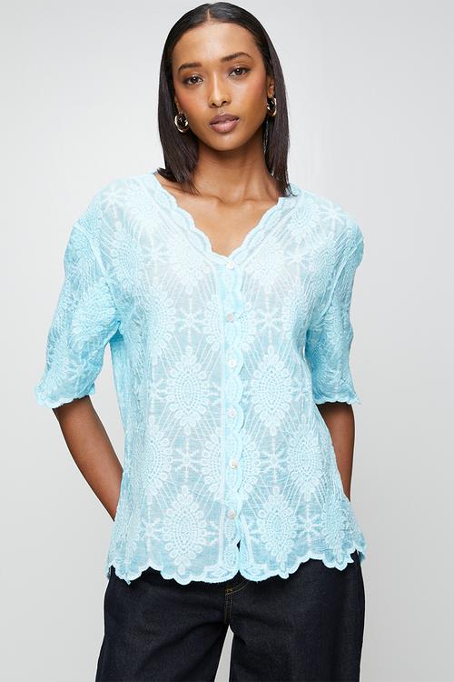 Half Sleeve With Scallop Hem V-Neck Button Through Blouse - Blue