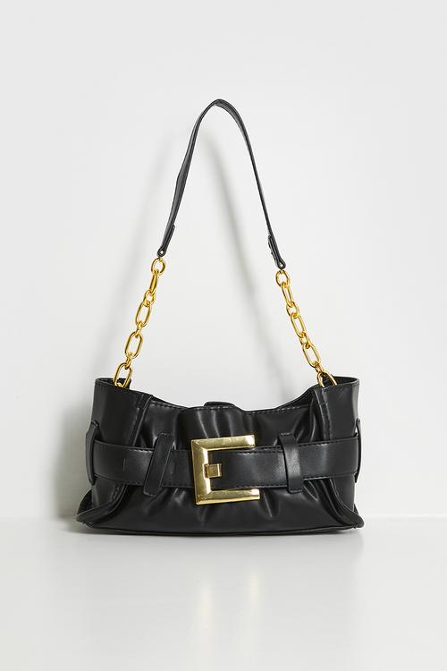 Geneva-Rae Buckle Detail Tote With Gold Hardware - Black