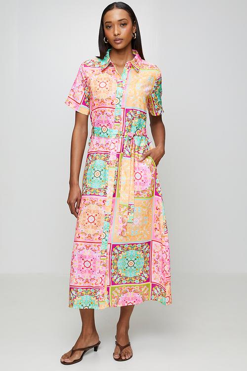 Half Sleeve Button Through Maxi A-Line Dress Hankerchief Border Print With Tie Belt - Multi