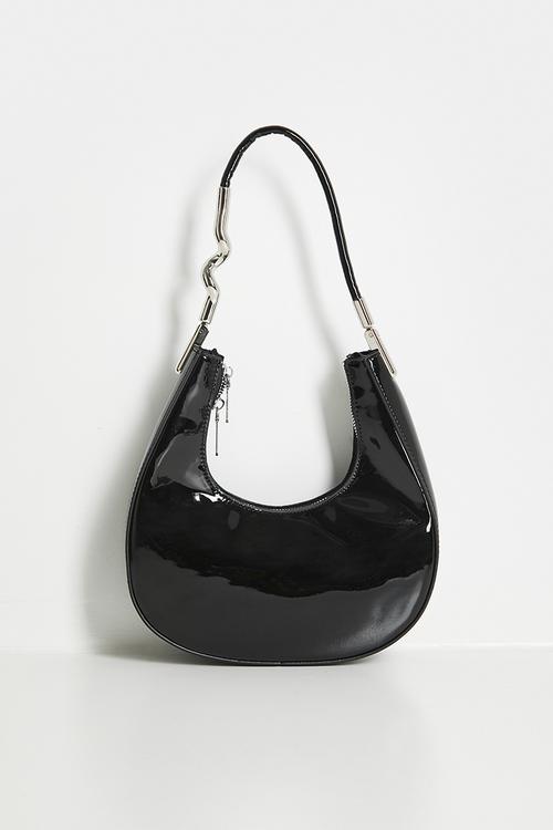 Hadley Patent Shoulder Bag With Silver Sculptural Handle - Black