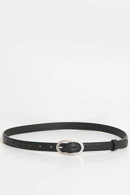 Korrine Slim Croc Embossed Belt With Oval Silver Buckle- Black