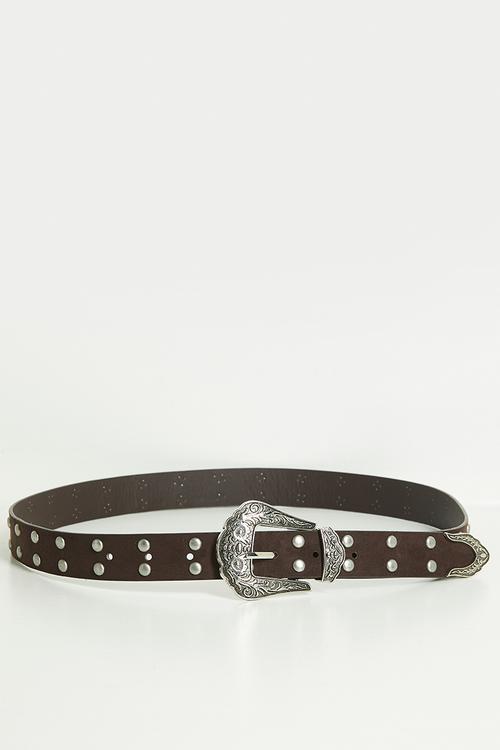 Koa Studded Belt With Western Silver Buckle- Brown