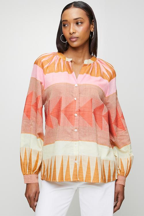 Long sleeve Key Hole Button Through Blouse - multi