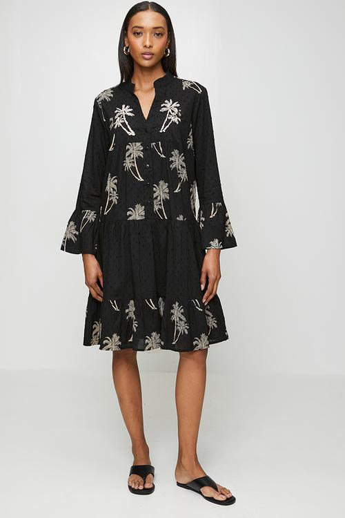Sleeve With Flutter Key Hole Neck Button Through Tiered Midi Dress - Black