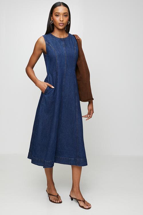 Crew Neck A-Line Denim Dress With Side Entry Pockets - Dark Denim