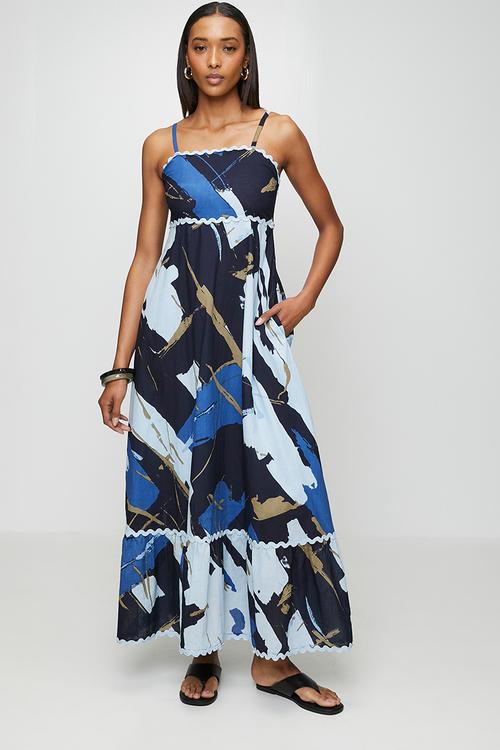 Strappy Boobtube Maxi Printed Dress With Scallop Detail - Blue