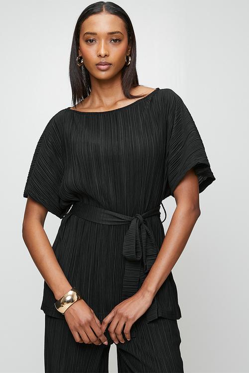 Kimono Sleeve Plisse Top With Sash - Black