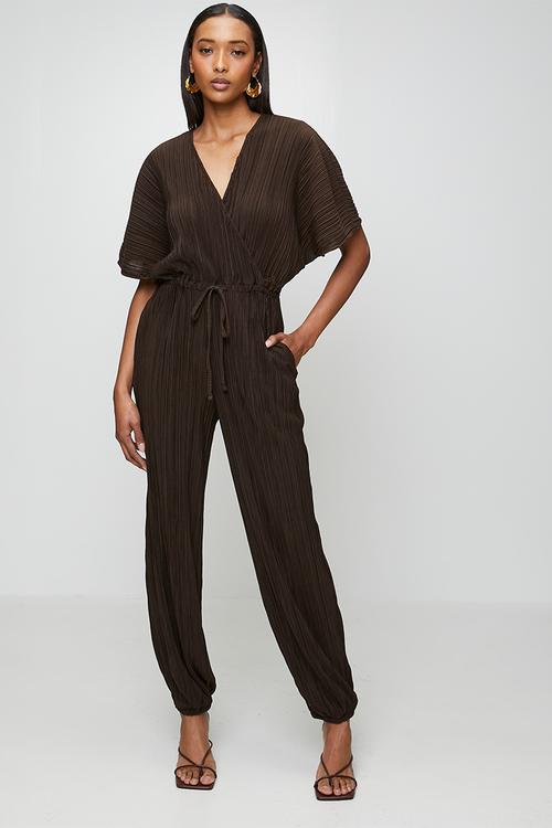 Plisse Front Tassel Jumpsuit - Choc