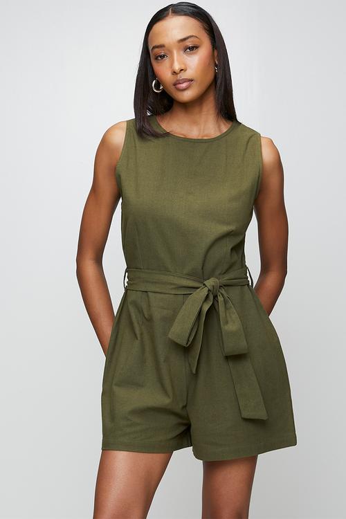 Ladies Linen Look Playsuit With Tie Waist Detail - Khaki