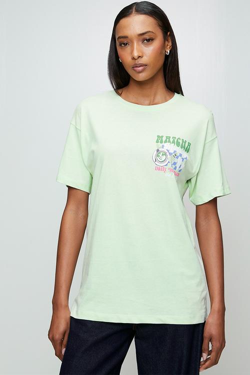 Ladies Over Sized 'Matcha Graphic T-Shirt - Light Green
