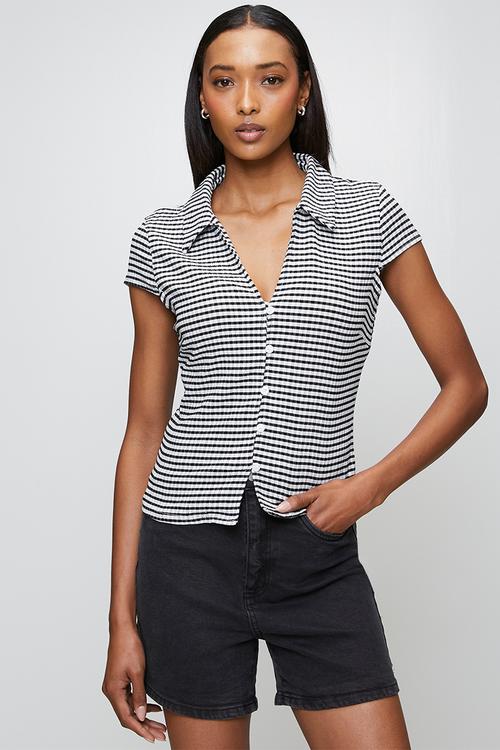 Ladies Short Sleeve Ginham Collared Top - Black/White