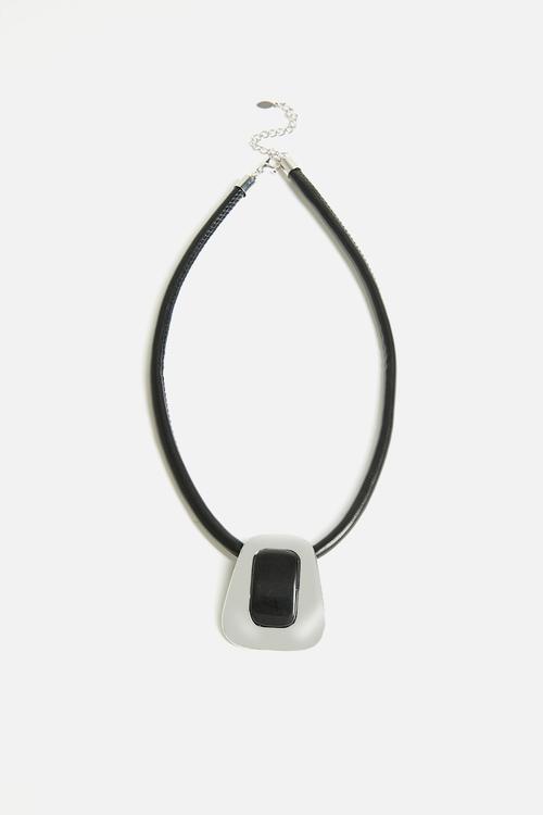 Opal Gemstone And Metal Pendant Cord Necklace - Silver/Black