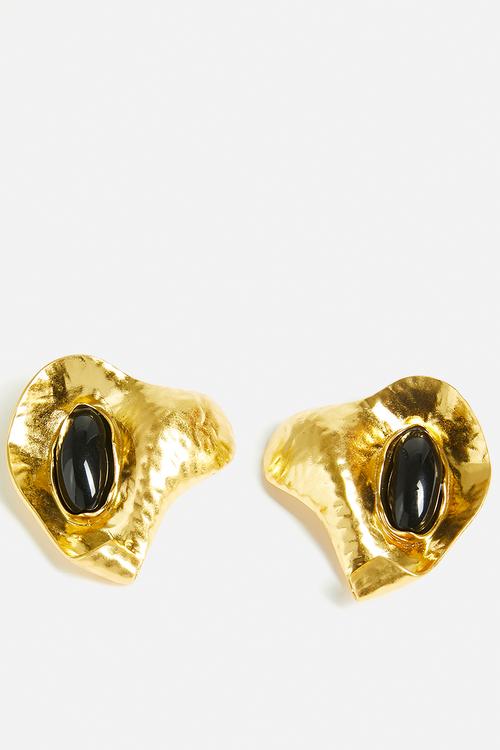 Veda Abstract Hammered Metal With Gemstone Earrings-Gold
