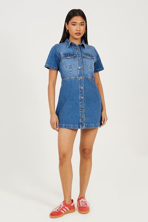 Ladies Button Down Collared Short Sleeve Denim Dress - Blue