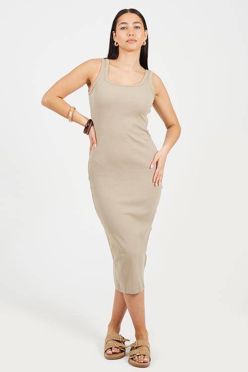 Ladies Scoop Neck Midi Bodycon Dress - Beige