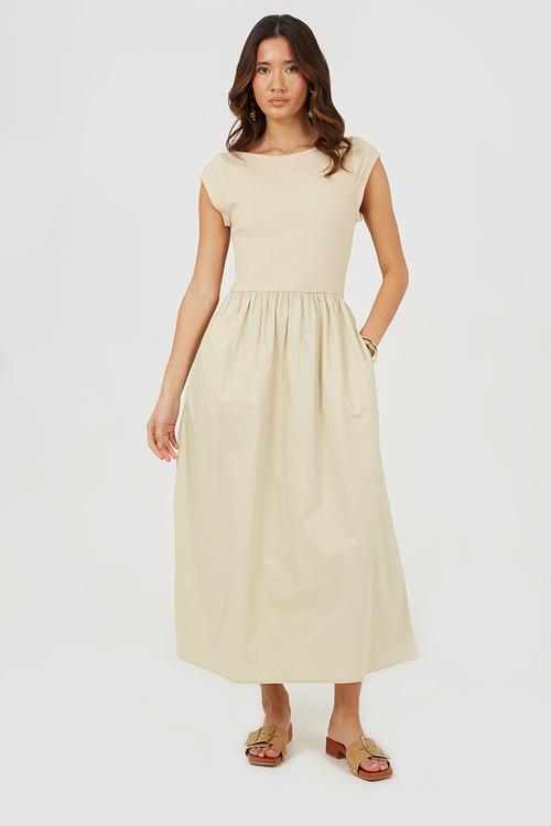 Ladies Midi Ribbed Jersey And Poplin Mix Dress - Tofu