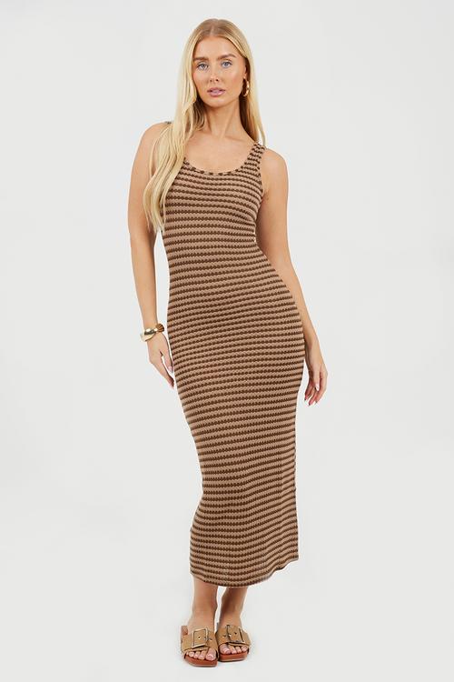 Ladies Strappy Striped Textured Jersey Midi Dress - Light Brown