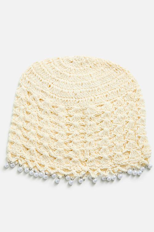 Nevaeh Crochet Beanie With Silver Beaded Trim-Cream
