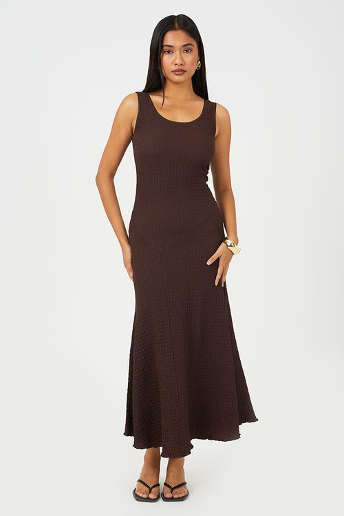 Ladies Strappy Textured Jersey Lace Maxi Dress - Dark Brown