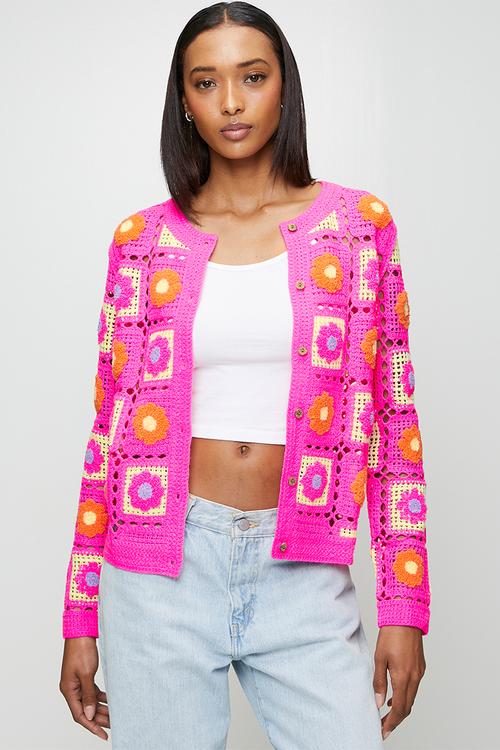 L/S Patch Crochet Check Design Crew Neck Button Through Jersey Top - Pink