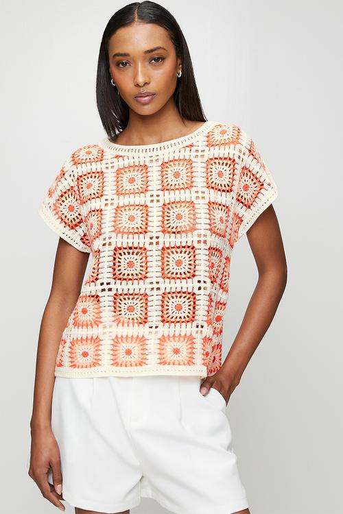 Cap Sleeve All In One Panel Check Crochet Top - Orange
