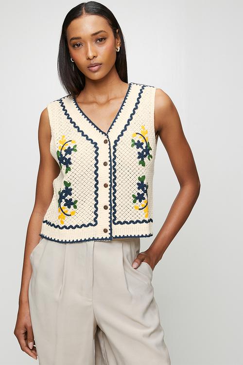 S/Less V-Neck Button Through Crochet Top With Embroidery - Natural