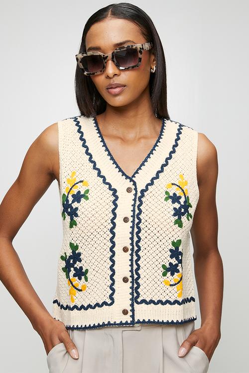 S/Less V-Neck Button Through Crochet Top With Embroidery - Natural