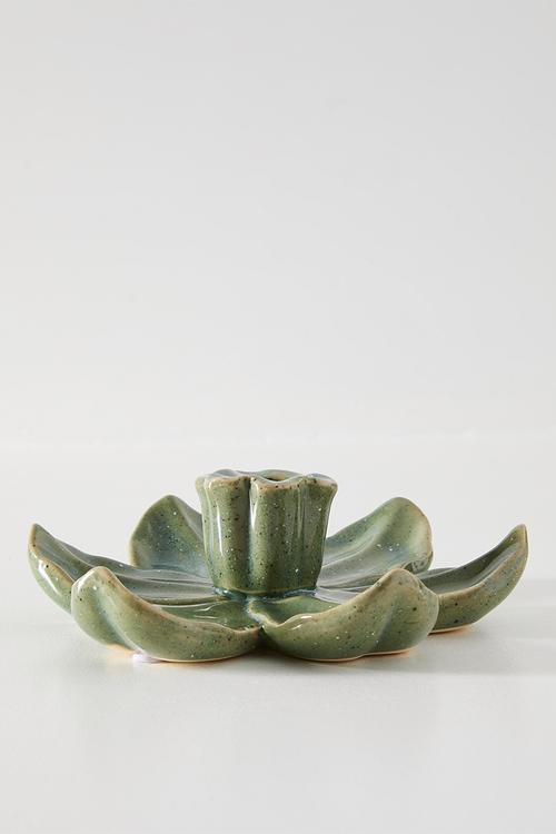 Stoneware Floral Candle Holder Green 17x17x4.5cm