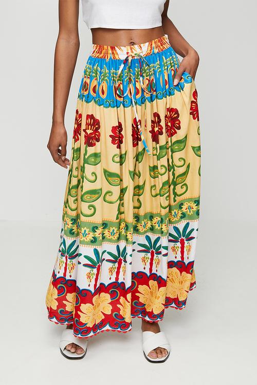 High Waisted Tie Maxi Printed Skirt - multu