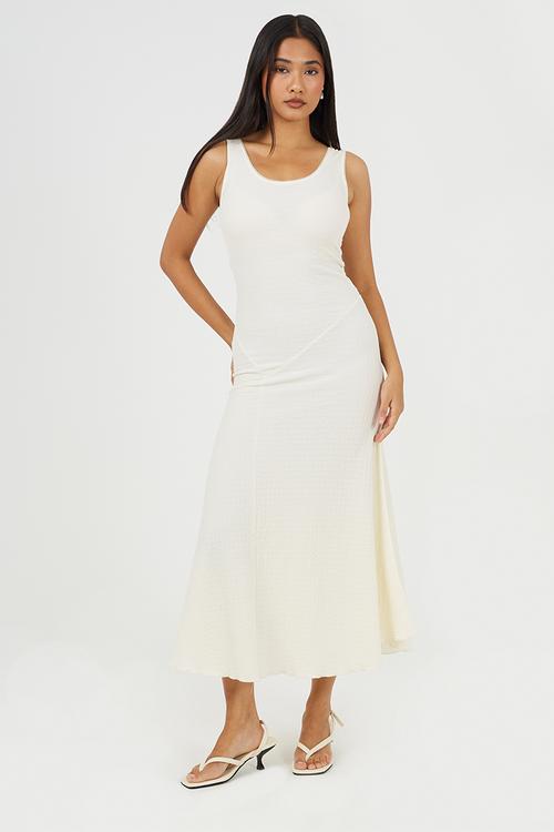 Ladies Strappy Textured Jersey Lace Maxi Dress - White