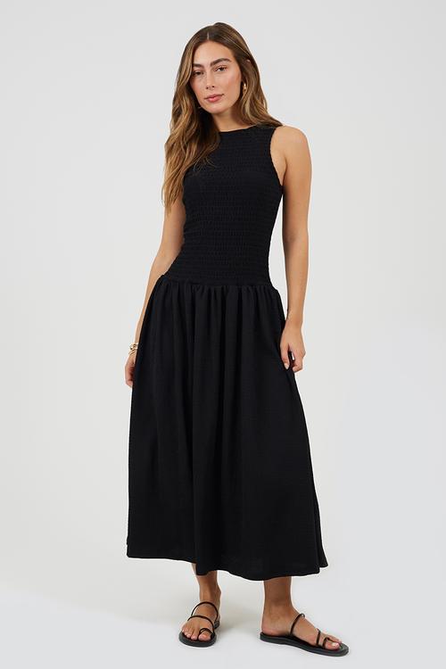 Ladies Textured Jersey Maxi Dress With Ruched Bodice - Black